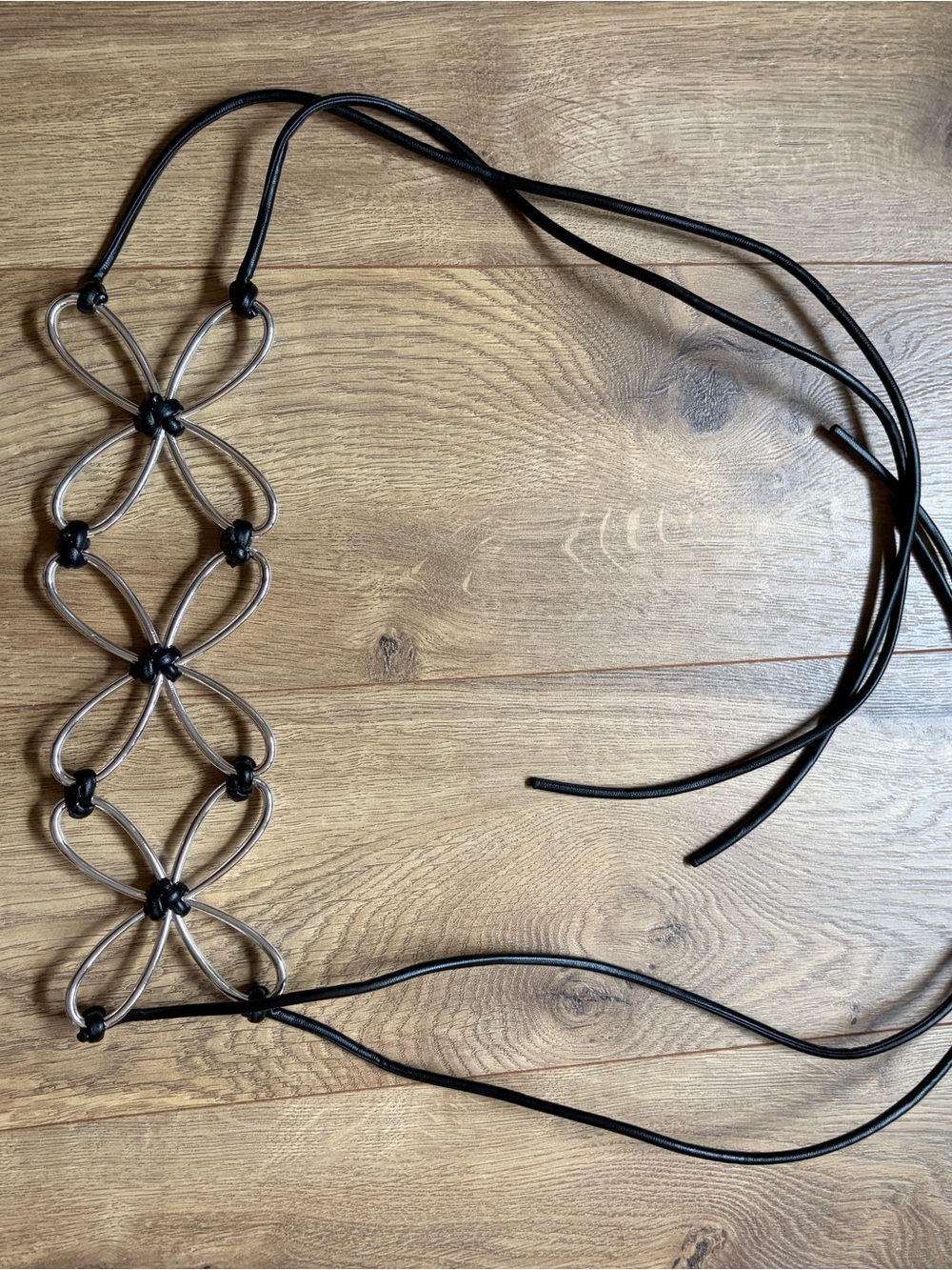 MANGO Lace Flower-Link Waist Belt Black and Silver (Size Small)